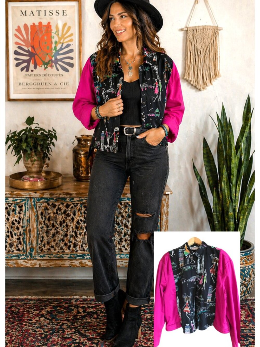 Funky Oversized Blazer Paris Print Fuchsia Spliced Button-Down Jacket Sz M - L